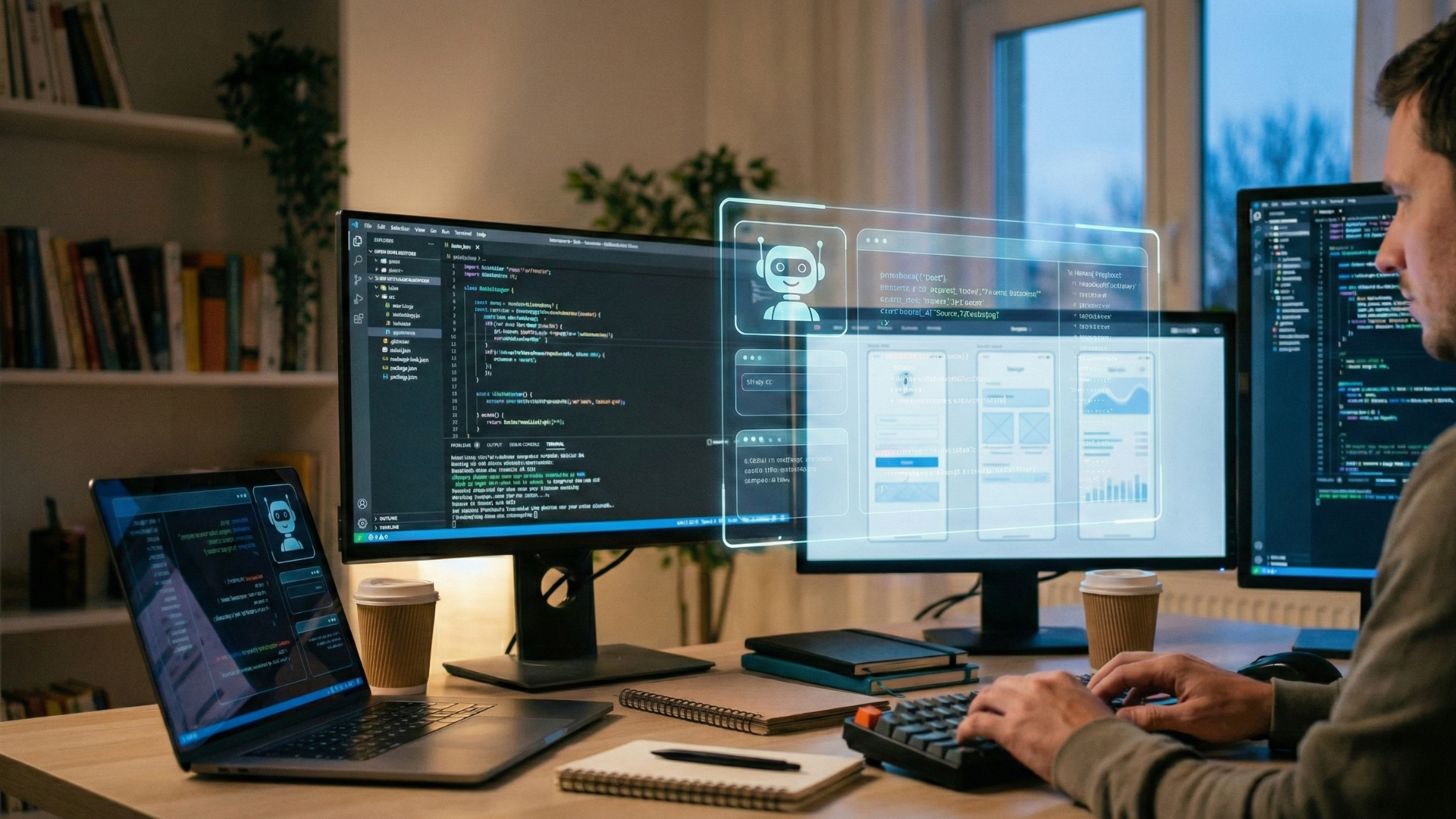 Ilustrasi developer yang bekerja dengan beberapa layar dan bantuan AI
